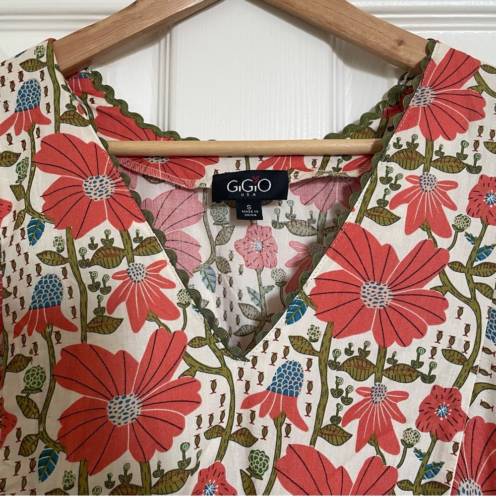 Gigio Coral Red Floral Puff Sleeve Mini Dress, size small - Picture 3 of 7